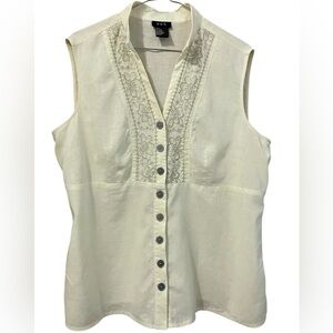 R.Q.T. Linen Blend Sleeveless Button Down Cream Blouse Embroidered Front Size L